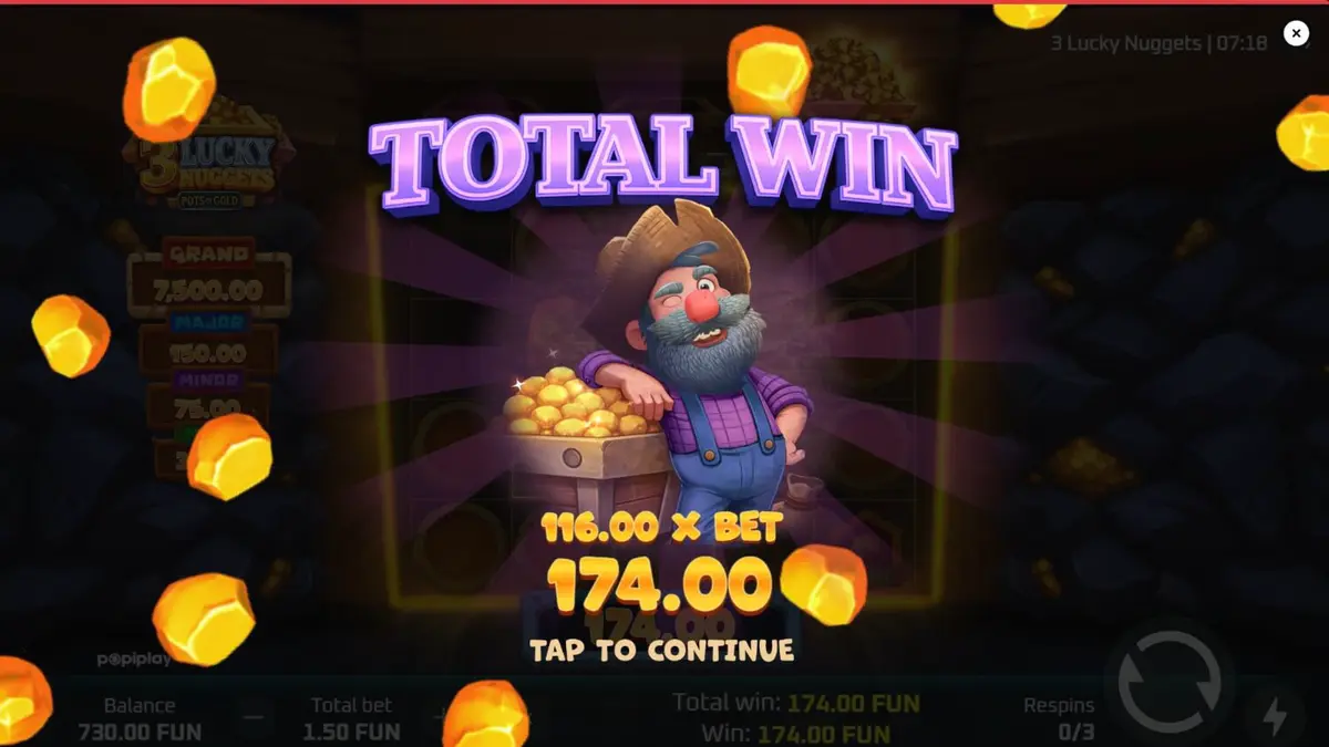 Tampilan visual slot 3 Lucky Nuggets dengan tema tambang emas